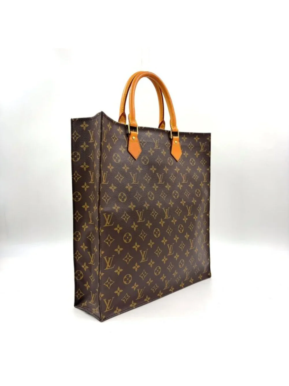 Louis Vuitton Sac Plat Monogram Handbag Leather Brown Light Tote Gold